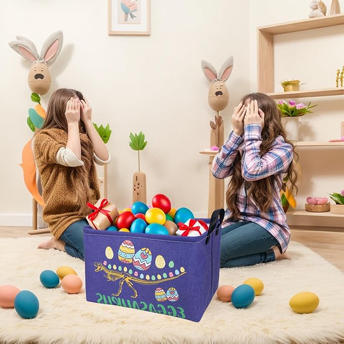 ASKETAM Dinosaur Easter Basket for Kid Large Empty Baby Rectangular Cute Easter Gift Bunny Eggs Décor Storage Basket (Skeleton Dinosaur)