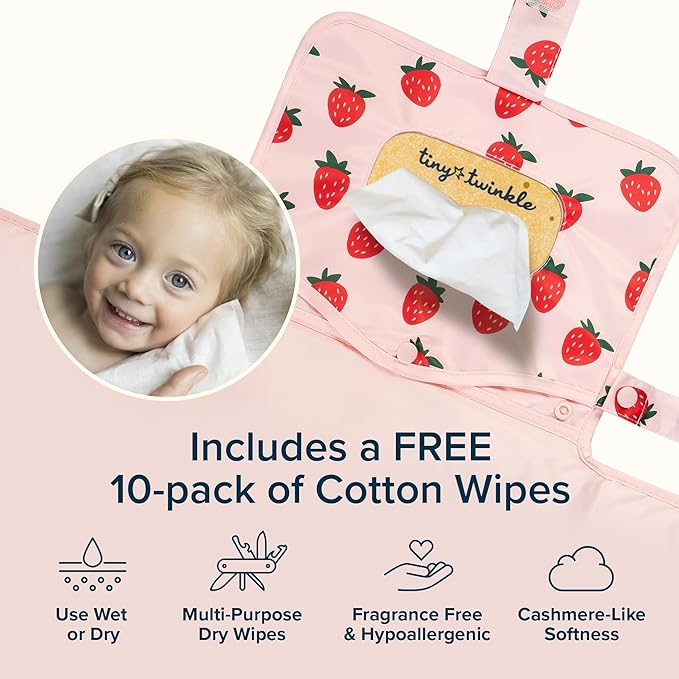 Tiny Twinkle Portable Diaper Changing Pad | Waterproof, Wipeable & Compact Baby Changing Pad for Travel | Smart Wipes Pocket & Organized Storage| Newborn Shower Gift (Strawberries)