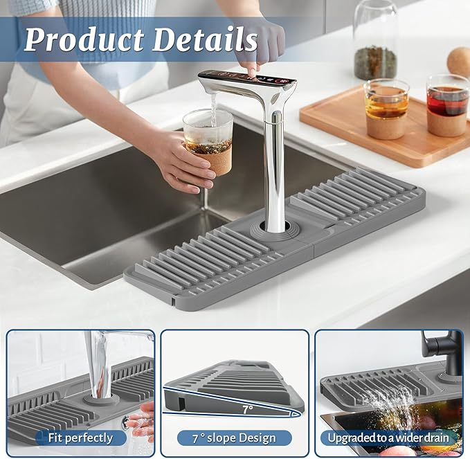 PoYang 17.7 inch Faucet Mat for Kitchen Sink Splash Guard, 7° Slope Silicone Sink Water Splash Guard for Kitchen Sink Area with Snap Button, Long Sink Protectors for kitchen Sink Sponge Holder, Grey