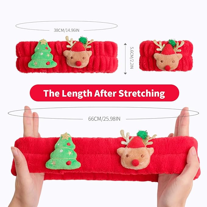 PERFECTSIGHT 2 Pack Cute Animal Headbands for Makeup Wash Shower Adjustable Elastic Hair Band for Girls and Women (Red Christmas)