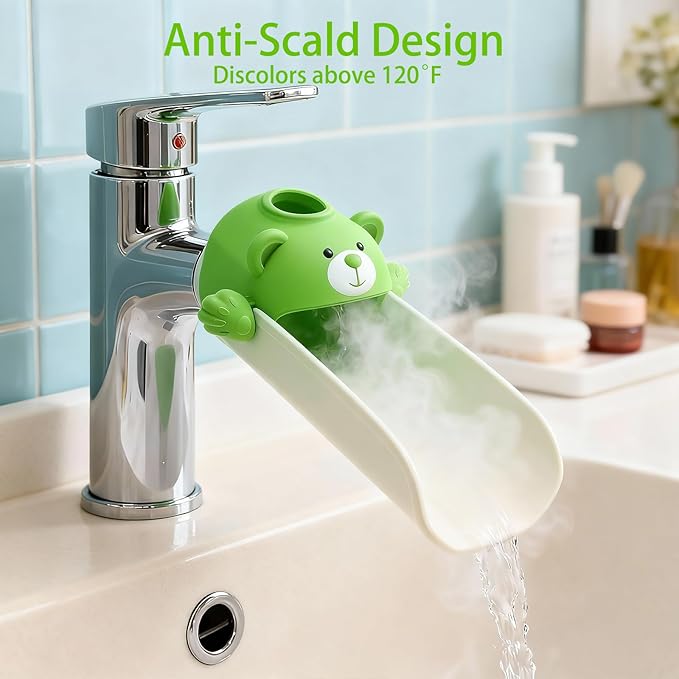 Skyroku Faucet Extender for Kids, Temperature-Sensitive Faucet Spout Extension for Independent Hand Washing - Cute Bear Design, Fits Most Bathroom & Kitchen Sinks(Green)