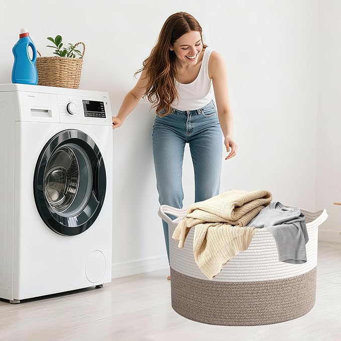 Large Storage Basket with Handle,23.6" x 23.6" x 15.7" Blanket Basket Storage Bins for Organizing,115L Cotton Rope Woven Baskets for Living Room, Nursery ,Bedroom,White&Brown