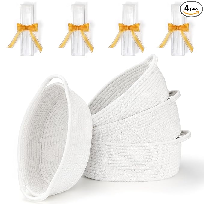 4 Pack Small Woven Basket with Handles, All 12"x 8"x 5", Cotton Rope Room Shelf Storage Basket, Cat Toys, Cute Baby Gift Basket with Gift Bags and Ribbons for Nursery, Empty Decorative Gift Chest Box