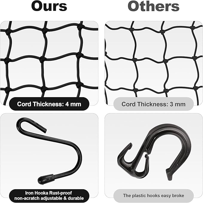 JAGASOL Cargo Nets for Motorcycle Helmet 16"X16" Elastic Bungee Net Storage Featuring 6 Hooks Tight 2"x2" Mesh Luggage Strap Rack Expansion Organizer Net Pocket for Motorbike E-Bike Trike