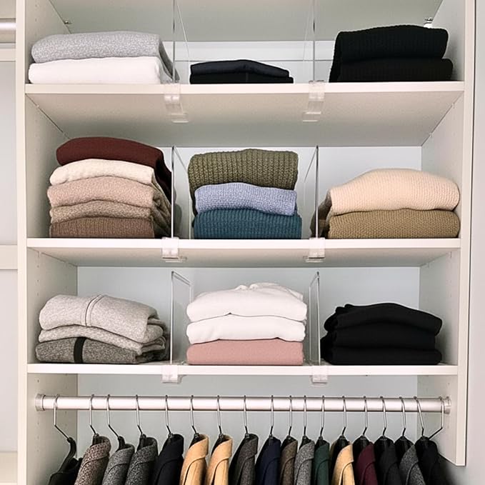 SortNStore Shelf Dividers Purse Organizer for Closet: 11-inch Tall(Extra Tall) Acrylic Sweater Organizer - Upgraded Extra Height for Large Handbags, Totes, Clothes, Towels on Wood Shelves 6-Pack