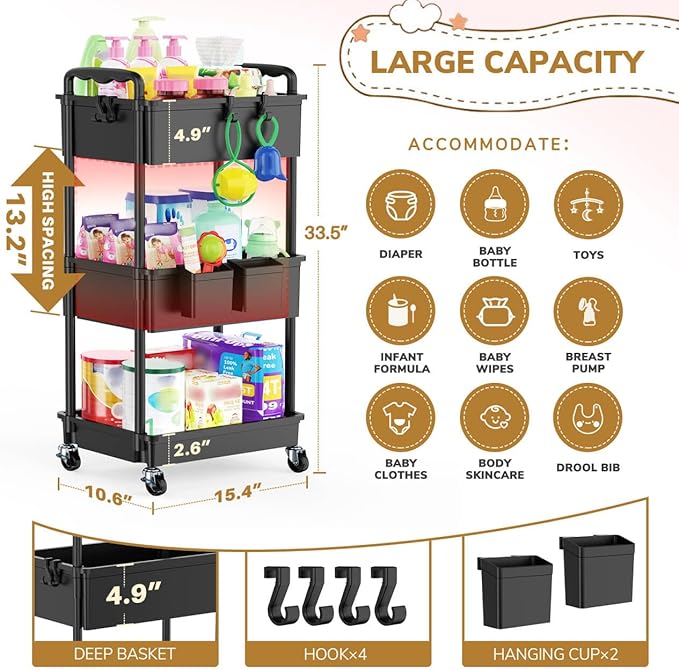 Goovilla Diaper Cart with Lockable Wheels and Easy Assembly, 3 Tier Black Rolling Cart for Baby Nursery Storage, Sturdy Ample Diaper Caddy Organizer for Baby Girl, Boy, New Mom, Newborn Essentials