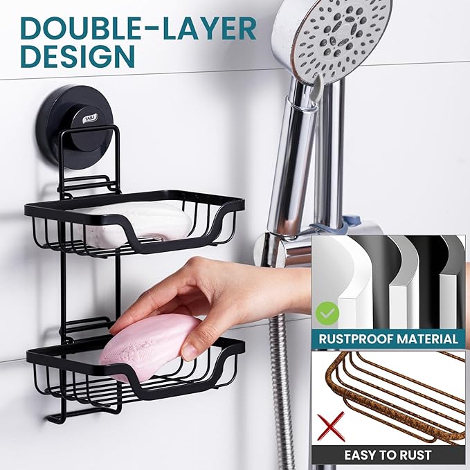 TAILI Soap Holder for Shower - Double Layer Soap Dish with Drain Holes, Rustproof Stainless Steel, Wall Mounted Rustproof Bath Organizer Keeps Sink & Shower Area Dry, Black