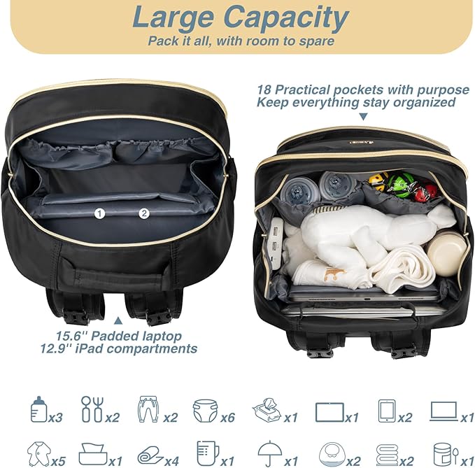 MOMUVO Diaper Bag Backpack, Quilted Baby Bag with Changing Pad & Stroller Straps & Pacifier Case, Large Travel Diaper Bags for Mom Dad, Black | with Changing Pad, Stroller Straps, Pacifier Case, Travel Diaper Bags