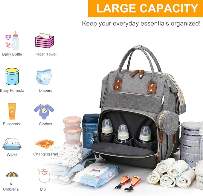 Lamroro Diaper Bag with Changing Station, Waterproof 3 in 1 Baby Diaper Backpack with Foldable Changing Pad, Large Travel Back Pack for Baby Girl Boy, Grey
