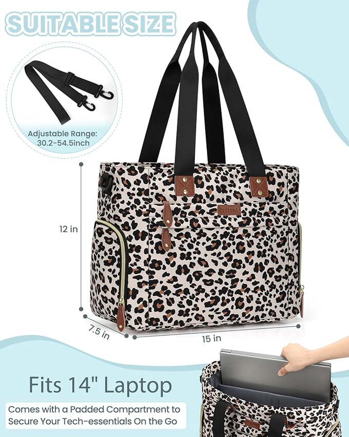 Pritent Diaper Bag Tote for Working Mom, Large Travel Diaper Tote for Mom and Dad with 14 Inch Laptop Sleeve, Mommy Maternity Travel Baby Bag for Boys and Girls, Leopard