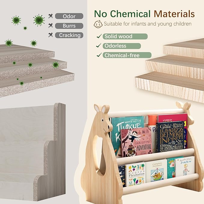 Lullulii Double Sided Kids Bookshelf –2 Tier Portable Toddler Bookshelf,Book Shelf for Kids Rooms & Playroom,Wooden Montessori Baby Bookshelf,Toddler Book Display Shelves (Nature, Kangaroo)