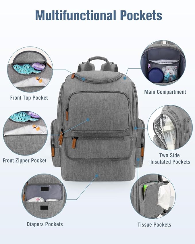 Mancro Diaper Bag Backpack, Multifunctional Baby Diaper Bag Backpack For Men Women with Stroller Straps, Travel Water Resistant Baby Diaper Backpack with 2 Side Insulated Pockets, White Grey