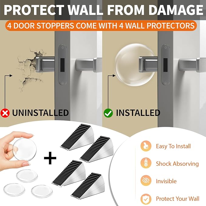 ZDZQJIA Heavy Duty Door Stoppers for Bottom of Door -Adjustable Spring Large Door Stop Wedge, Anti-Slip Rubber Grip,3" High Metal Doorstop Suits Carpet,Tile,Commercial,Home-Silver4Pc+4 Wall Protectors