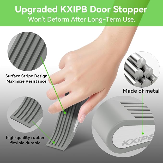 4 Pack Rubber Door Stopper Wedge - Grey Non-Slip Soft TPR High-Elastic & Zinc Alloy Metal Material Door Stops for Bottom of Heavy Duty Door Wall Protector for Home & School with Self Adhesive Holder