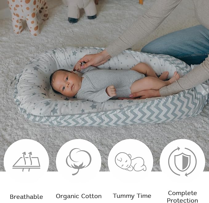 Aila+Aiden Baby Lounger | Organic Cotton Infant Lounger | Reversible, Adjustable & Portable Floor Lounger |Supervised Use | Soft, Breathable, Washable Cover - Star Collection (Gray)
