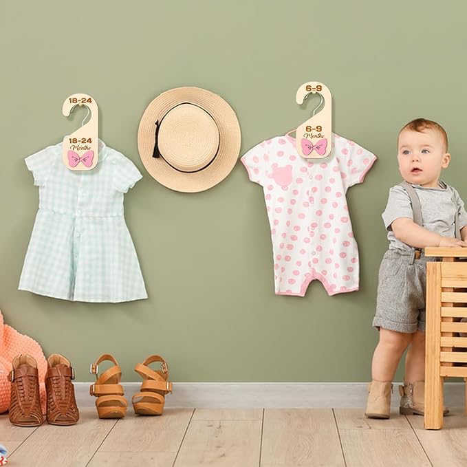 Bnesi Wooden Closet Dividers Wooden Bow Dividers for Closet Set of 7 Double-Sided Newborn Clothes Size Hanger Dividers from Newborn to 24 Months Pink Nursery Decor (Cute)