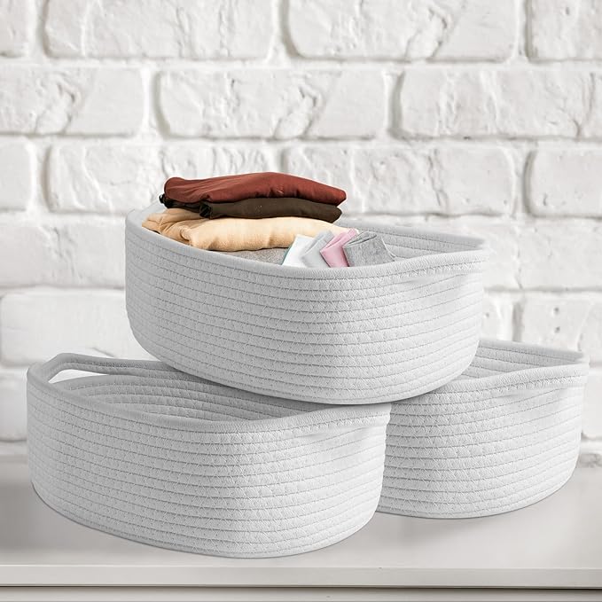 Small Cotton Rope Basket for Organizing,3 Pack Woven Baskets for Storage,Closet Organizer and Storage Basket with Handle,Decorative Gift Basket Empty,Nursery Toy Basket,White