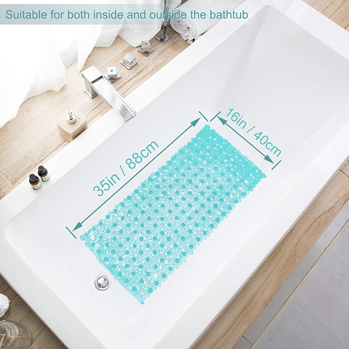 Bath Tub and Shower Mats, Non-Slip Pebble 35 x 16 Inches Machine Washable Bathtub Mat with Drain Holes, Suction Cups for Bathroom (Clear Teal)