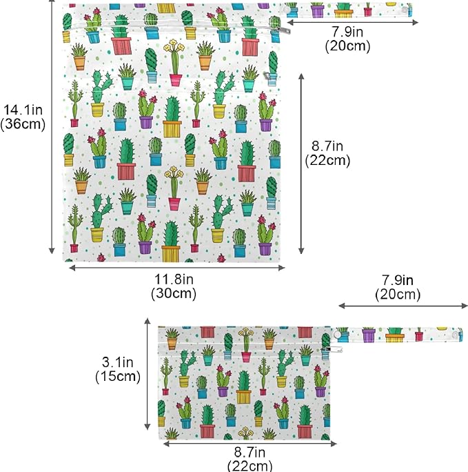 visesunny Lovely Green Cactus in Pot Flower 2Pcs Wet Bag with Zippered Pockets Washable Reusable Roomy for Travel,Beach,Pool,Daycare,Stroller,Diapers,Dirty Gym Clothes, Wet Swimsuits, Toiletries