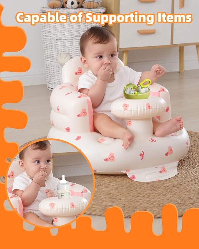 AGITVPS Upgrade Inflatable Baby Seat with Tray for Babies 3-36 Months, Built in Air Pump Bumbo Seat with Tray, Baby Chair Sit Me up Floor Seat for Baby, Learning to Sit&Feeding (Tray-Love Bunny)
