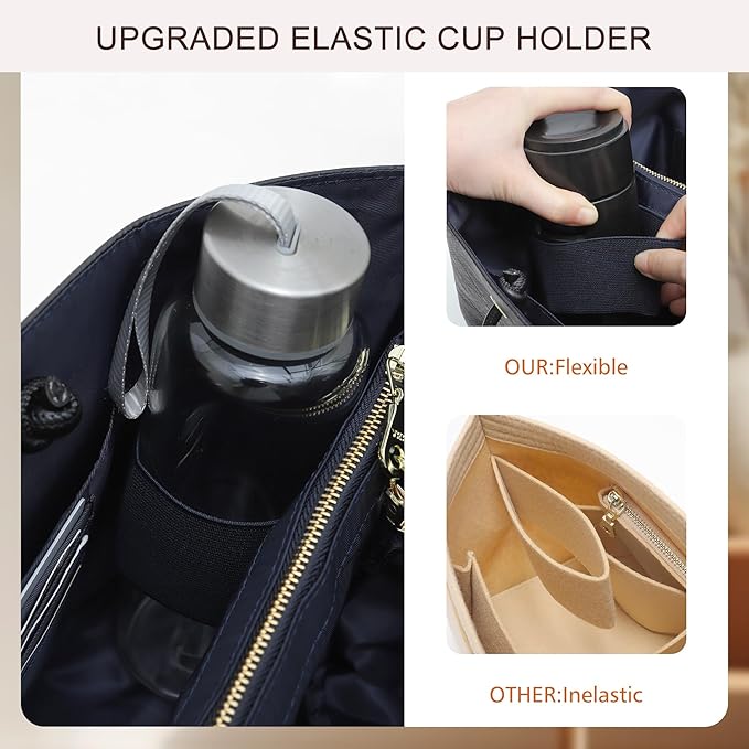 Doxo NEW Purse Organizer Insert for Longchamp LePliage Large,Fixed Handle, Bag Shaper with Key Leash& 16 Compartments, Upgraded Elastic Cup Holder(Black&Blue, L)