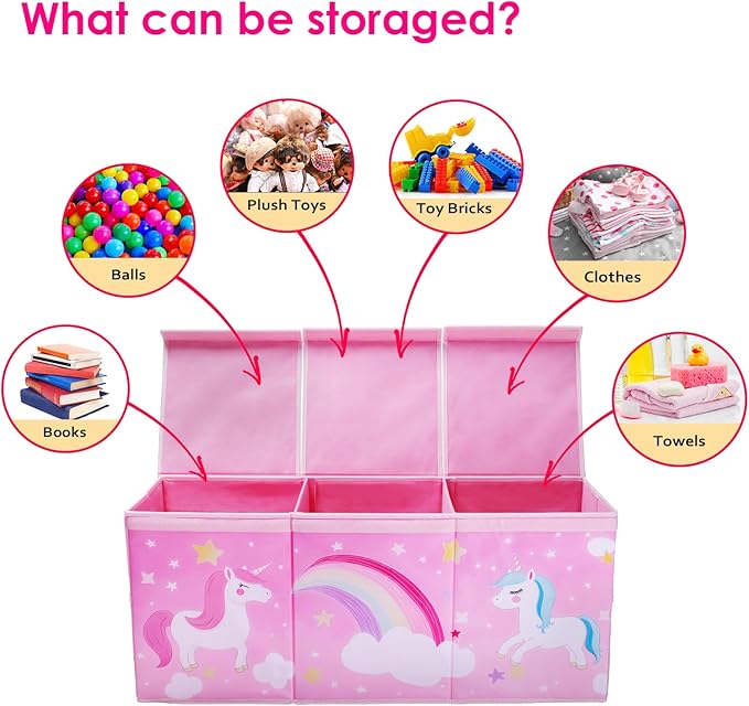 decalsweet Unicorn Extra Large Toy Box Chest with Flip Lid for Kids, Collapsible Oxford Toy Storage Box with Handles Mesh Pockets, Sturdy Waterproof Toy Box for Bedroom Playroom, 37.7×12.5×15.7 Inch
