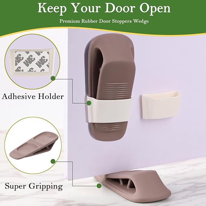 Fursafe&Q Rubber Door Stoppers for Bottom of Door, Door Stop Wedge with Holder, Heavy Duty Doorstops 8 Pack, Wall Protector for Home & Office & School & Commercial Doorstop Keep Open Stack Brown