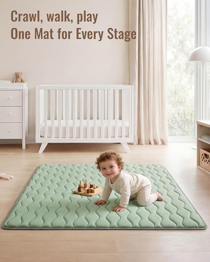 Blissful Diary Portable Baby Play Mats for Floor, 43" X 43" Thicker Cushioned Foldable Baby Crawling Mat for Indoor Outdoor, Non-Slip & Washable Kids Playmat for Tummy Time Activity, Sage Green