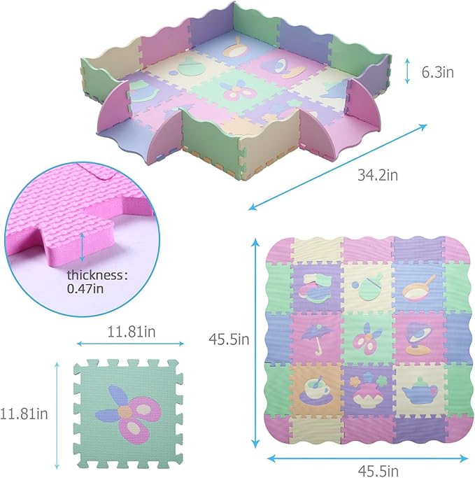 Tamiplay Foam Play Mat for Kids，25Pcs Square Interlocking Puzzle Floor Mat，Baby Play Mat Floor Mat Foam Puzzle Playmat for Toddlers with Fence（Mash Up-CSH023