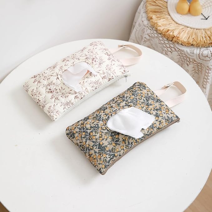 Quilted Baby Diaper and Wipes Pouch Portable Mommy Bag for Stroller Reusable Wipes Pouch with Lanyard for Casual Travel (Beige+Beige)