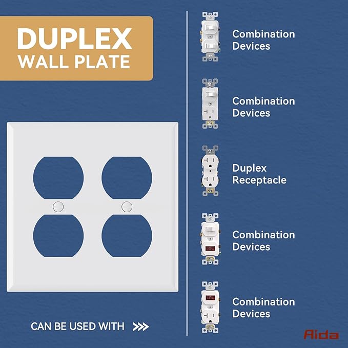 AIDA 2-Gang Duplex Wall Plates, Unbreakable Faceplate Cover for Outlets, Standard Size 4.53" H x 4.57" L, UL Listed (4 Pack, Glossy White)