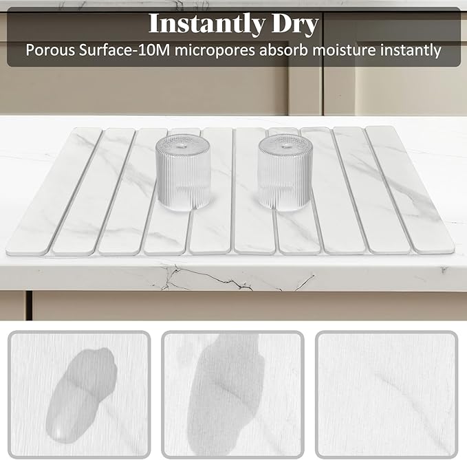Large Stone Dish Drying Mats for Kitchen Counter, 24"(L)×16"(W) Fast Drying Collapsible Dish Drying Mat, Eco-Friendly Absorbent Diatomaceous Earth Mats for Dishes Bottles Cups, Marble-Pattern