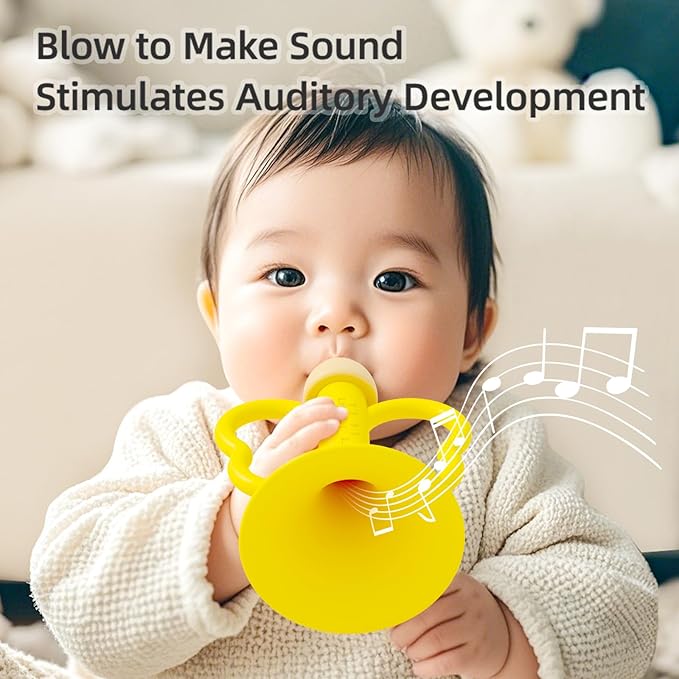 Baby Trumpet Toy 6-12 Months, Silicone Baby Horn Blowing Toy with 2PCS Yellow Green for Teething Sensory Play, Infant Easy Grip Teether Whistle Toys 0-6 Months, Toddlers Newborn Gift