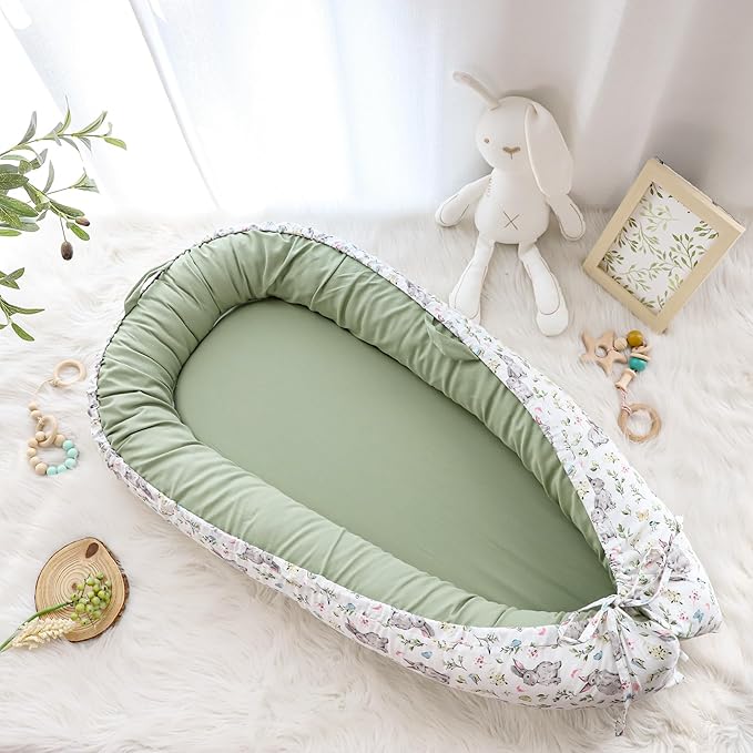 Jundetye Baby Lounger Cover for Boys Girls, Reversible Baby Nest Cover, Adjustable Baby Lounger Replaceable Cover for Infant Newborn, Portable and Machine Washable, Cotton Green Rabbit Cover