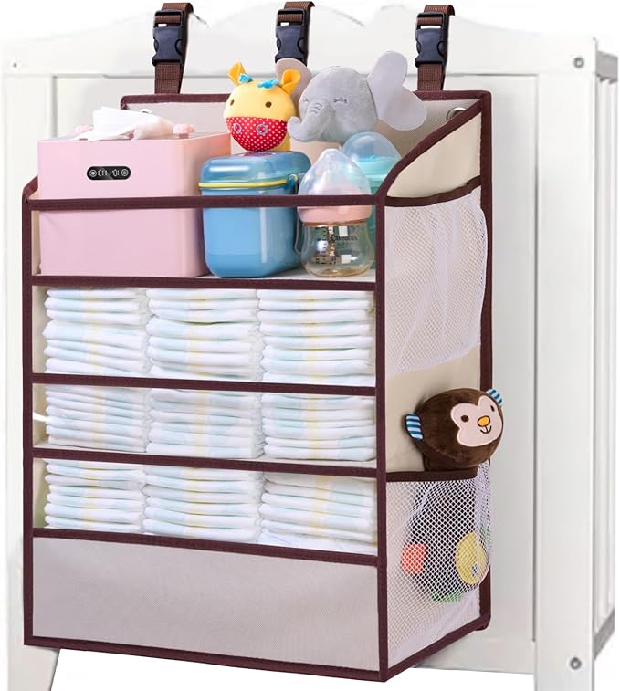 WishJazz XL Hanging Diaper Caddy Organizer for Changing Table, Crib, Playard, Wall, Reinforced 3-Tier Diaper Caddy with Mesh Pockets， Nursery Organizer-Hold 90+Diaper for Newborn Baby Essentials