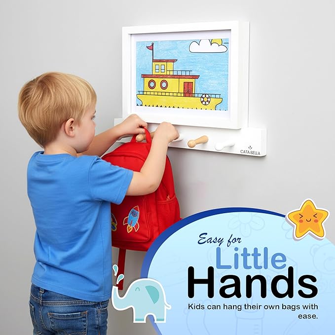 Cata Bella Kids Artwork Frames Changeable with Coat Rack Wall Mount, Wooden Wall Decor with Entryway Hooks and Magnetic Picture Frame, Decorative Organizer for Kids and Home