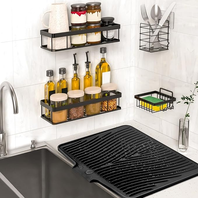 Silicone Dish Drying Mat, Stone Drying Mat for Kitchen Counter with Built-In Drain, Non-Slip Drain Pad with Built-in Drain, Heat Resistant Stone Drying Mat, 1Pcs Black(20" x 15")