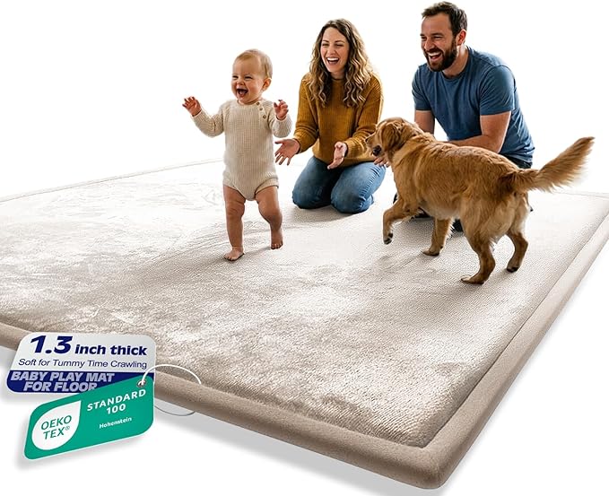 AEOCOO Extra Large 79x118 Baby Play Mat for Floor, 1.3" Thick Memory Foam Infant Nursery Rug, CloudSoft Velvet Anti-slip Cushion, Tummy Time Mat for Baby Kids Crawling, Playpen, Playpen, Beige