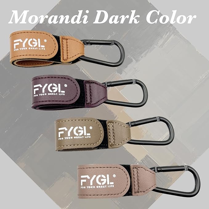 Stroller Hooks - Leather Buggy Clips, Pushchair Carabiner Clip for Bags, Easy Attachment for Pram, Universal Stroller Clips and Hooks, Stroller Accessories - Morandi Dark (4 Pack)