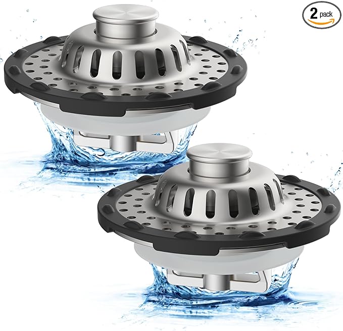 Metal 2 Pack Bathtub Drain Stopper with Top Hair Catcher, 3 in 1 Pop-up Bathtub Strainer, Tub Stopper with Detachable Stainless Steel Filter Basket for Standard 1.5 to 2.4'' Drain, Brushed Nickel