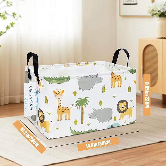 LANGYASHAN Rectangular Storage Bin Collapse Canvas Fabric Cartoon Storage Basket with Handles for Organizing Home Kitchen Boys and Girls Toys Office Closet Shelf Baskets (Rec animal)