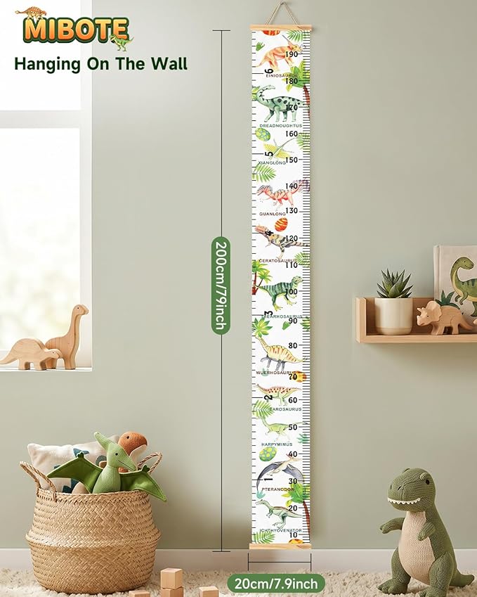 Mibote Baby Growth Height Chart Handing Ruler Wall Decor for Kids, Canvas Removable Height Growth Chart 79" x 7.9" (Various Dinosaurs)