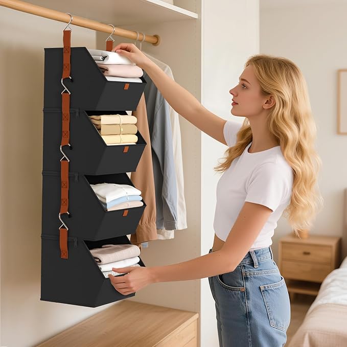 Homsorout Hanging Closet Organizer 4 Tier - Clothes Hanging Shelves, Space-Saving Closet System, Fabric Storage Bins Bedroom Organization, Collapsible Baskets for Home, Dorm, Rv, Black, 2 Pack