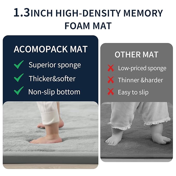 ACOMOPACK Baby Play Mat for Floor 1.3" Thick Memory Foam Play Mat 59"×71" Tummy Time Crawling with Non-slip Bottom for Living Room,Nursery,Soft Velvet Playpen Mats for Kids,Infants（Light Grey）