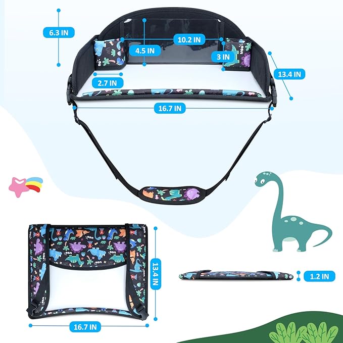 Kids Travel Tray for Toddler Carseat, Road Trip Activities Essentials for Toddler, Kids Travel Lap Desk Tray with Holder Stand ＆ Dry Erase Board (Dinosaur)