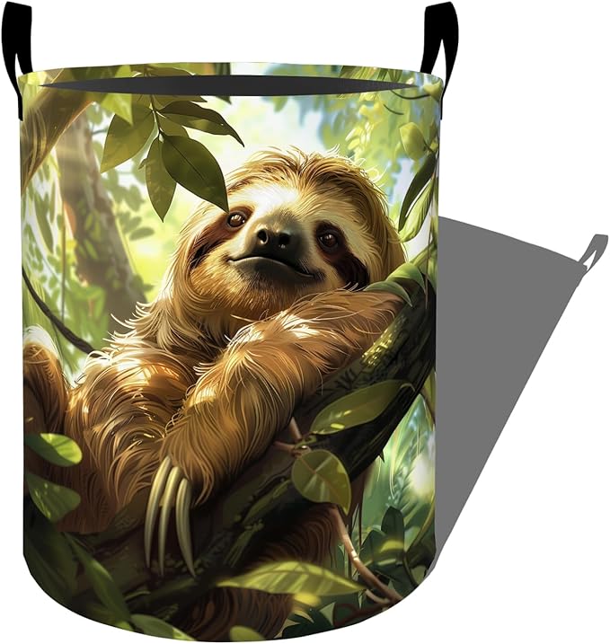 Relaxed Sloth in Lush Green Forest Laundry Basket with Handles, 19.7"x15.7" Clothes Foldable Laundry Hamper Organizer for Dorm Nursery Bedroom Bathroom Decor, Toy Storage Bin for Kids