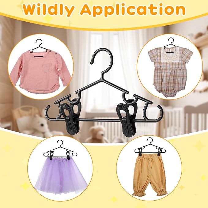 Hsei 5/10/40 Pack Baby Hangers with 10/20/80 Clips, Plastic Kids Pants Hangers for Nursery Closet Top and Bottom Clothes Hanger Set for Newborn Infant Toddler(30 Packs Total,Black,10.6 Inch)