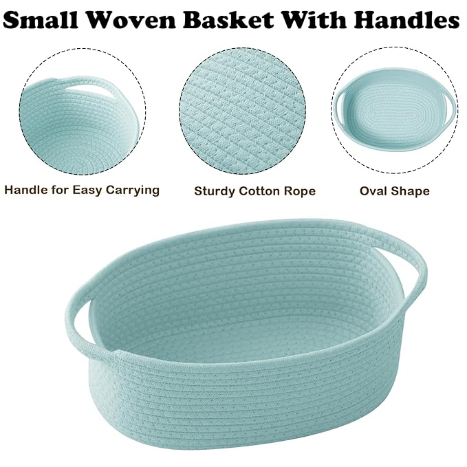 Small Woven Rope Basket-Empty Gifts Basket with Bag and Ribbons,Cute Handle Organizer Box for Birthday/Baby Shower, Toy Storage, Nursery Organizing & Shelf Decor(Aqua)
