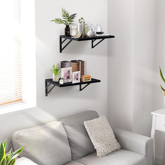 2 Pc Deep Floating Shelves ; 12 Inch Deep Wall Mounted Hanging Shelves for Living Room, Kitchen, Office, Bathroom and Bedroom Decor; Storage and Display Shelf Set (Black)