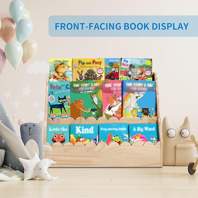 OCMML Kids Bookshelf-3-Tier Wooden Book Shelf for Kids Rooms,Nursery&Toddlers Montessori Bookcase with Deep Storage Pockets, Baby Book Storage,Children's Bookshelf for Nursery&Bedroom (Large)